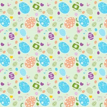 Happy easter seamless vector pattern with decorative eggs, bunny, hearts, s.. Stock Illustration