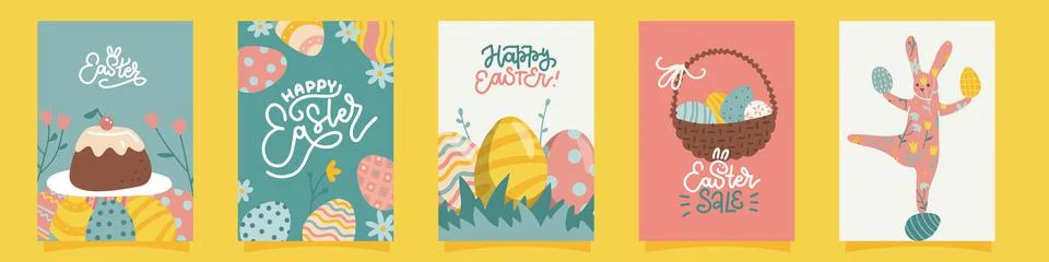 Happy Easter Set of 5 card, A4 size poster or banner templates in trendy pastel Stock Illustration
