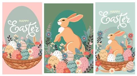 Happy Easter set of banners, greeting cards, posters, holiday covers. Trend.. Stock Illustration