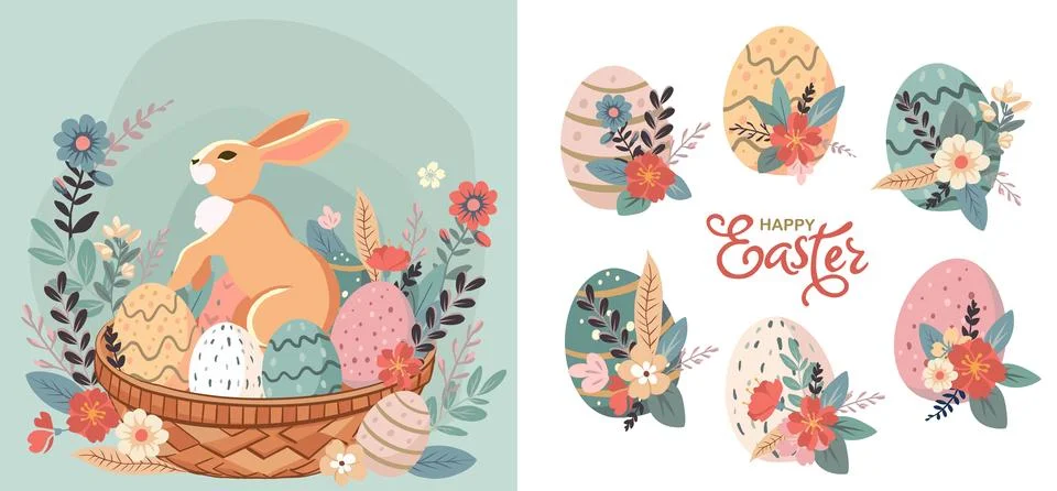 Happy Easter set of banners, greeting cards, posters, holiday covers. Trend.. Stock Illustration