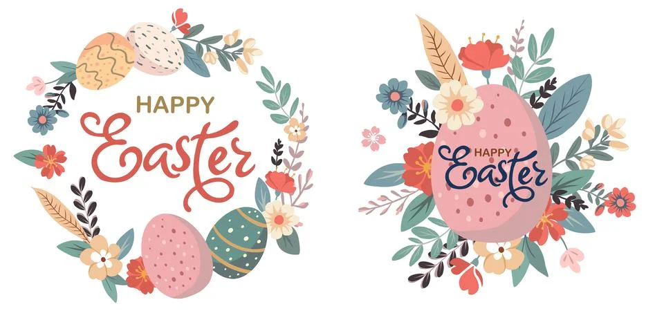 Happy Easter set of banners, greeting cards, posters, holiday covers. Trend.. Stock Illustration