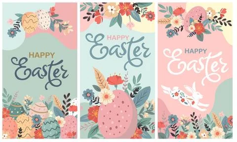 Happy Easter set of banners, greeting cards, posters, holiday covers. Trend.. Stock Illustration