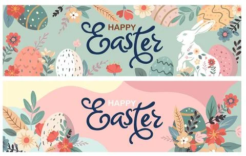 Happy Easter set of banners, greeting cards, posters, holiday covers. Trend.. Stock Illustration