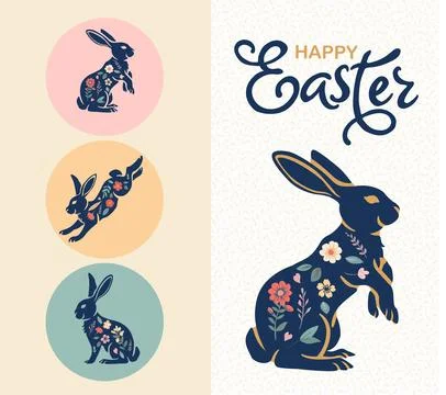 Happy Easter set of banners, greeting cards, posters, holiday covers. Trend.. Stock Illustration