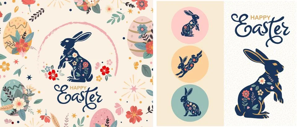 Happy Easter set of banners, greeting cards, posters, holiday covers. Trend.. Stock Illustration