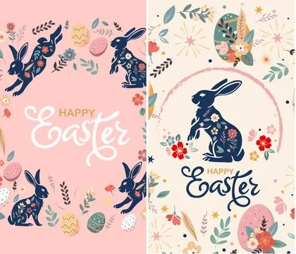 Happy Easter set of banners, greeting cards, posters, holiday covers. Trend.. Illustrazione stock