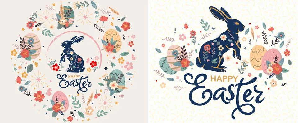 Happy Easter set of banners, greeting cards, posters, holiday covers. Trend.. Stock Illustration