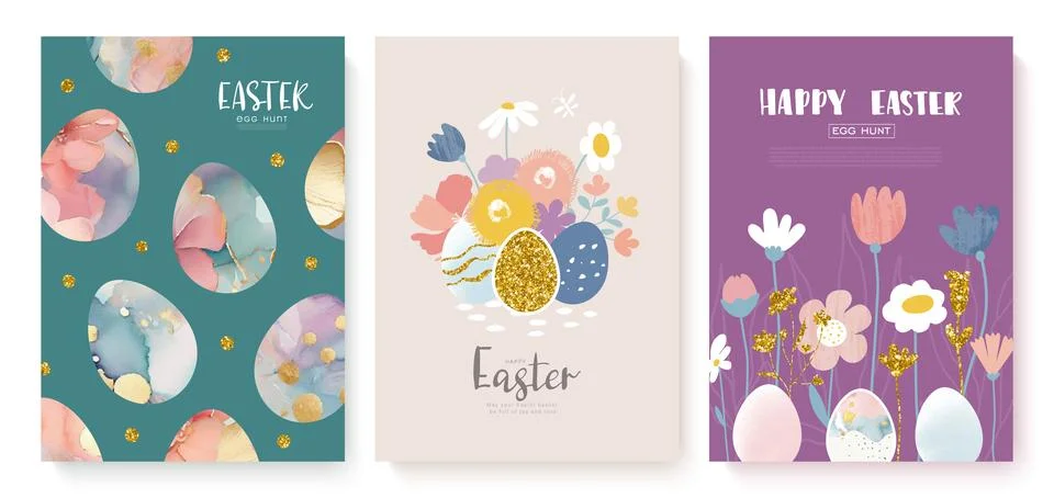 Happy Easter Set of banners, greeting cards, posters, holiday covers. Trendy Illustrazione stock