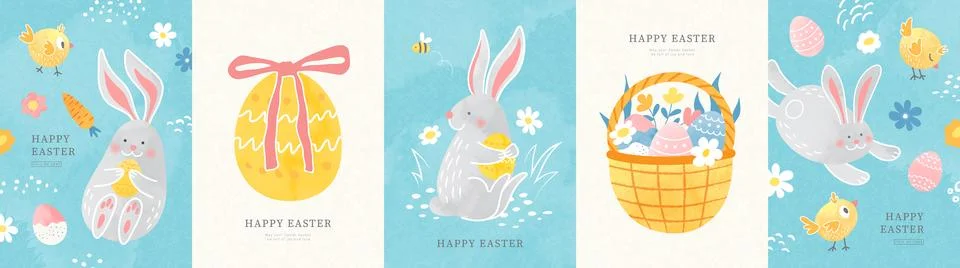 Happy Easter set of cards with cute bunnies, chicks, flowers and eggs. Modern Stock Illustration