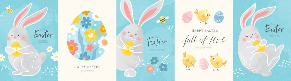 Happy Easter set of cards with cute bunnies, chicks, flowers and eggs. Modern Stock Illustration