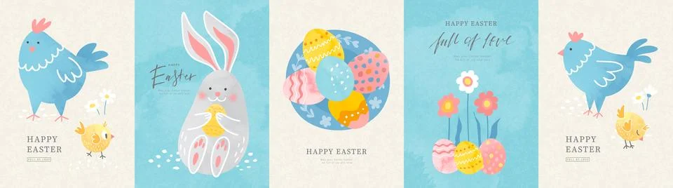 Happy Easter set of cards with cute bunnies, chicks, hens, flowers and eggs.  Stock Illustration