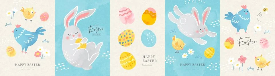 Happy Easter set of cards with cute bunnies, chicks, hens, flowers and eggs.  Stock Illustration