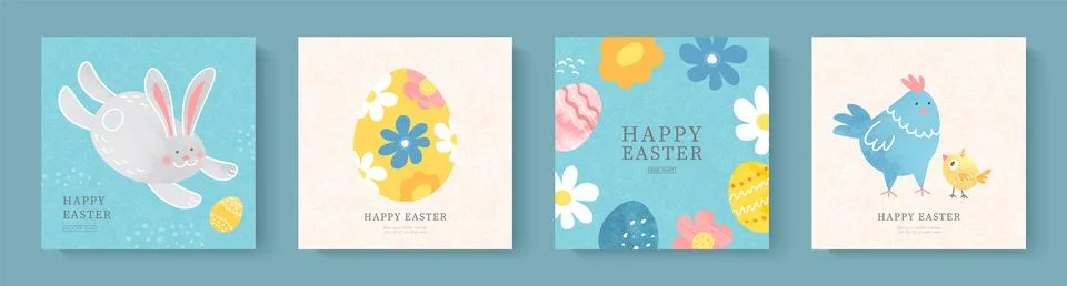 Happy Easter set of cards with cute bunny, chicken, chicks, flowers and egg.. Stock Illustration
