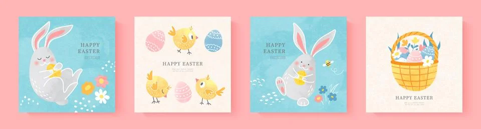 Happy Easter set of cards with cute bunnies, chicks, flowers,eggs and baske.. Illustrazione stock