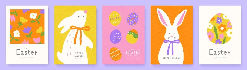 Happy Easter set of cards with cute hand drawn Easter bunnies, spring flowers Stock Illustration