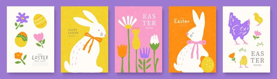 Happy Easter set of cards with cute hand drawn Easter bunnies, spring flowers Stock Illustration