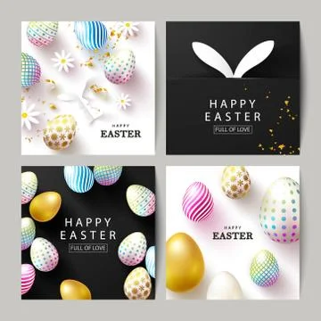 Happy Easter Set of cards.Beautiful Background with colorful eggs, paper bunnies Stock Illustration