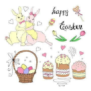 Happy Easter set of color illustrations, hand drawn. Cute hugging bunnies, fl Stock Illustration