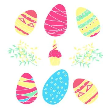 Happy Easter set. Colorful eggs, cake, candle and leaves in hand drawn style. Stock Illustration