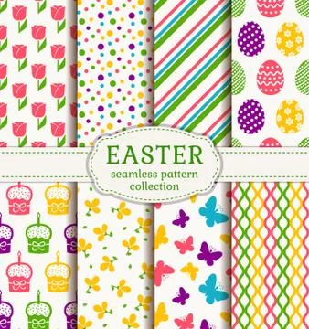Happy Easter! Set of cute holiday backgrounds. Collection of colorful seamles Stockillustratie