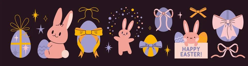 Happy Easter set with cute rabbits, eggs, bows and stars, pastel colors. Tr.. Stock Illustration