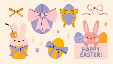 Happy Easter set with cute rabbits, eggs, bows and stars, pastel colors. Tr.. Stock Illustration