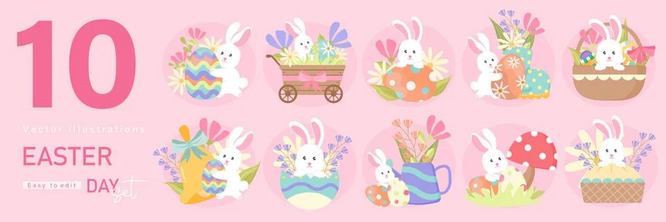 Happy Easter Set. designs for spring holidays. Cute congratulations with painted Stock Illustration