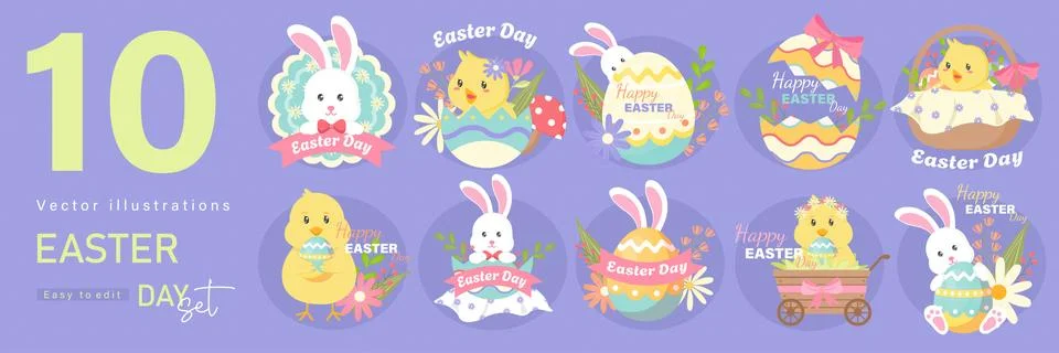 Happy Easter Set. designs for spring holidays. Cute congratulations with painted Stock Illustration