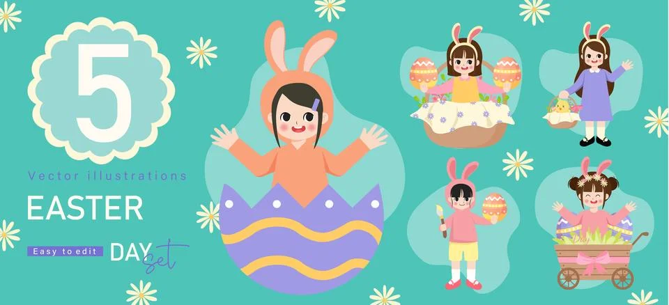Happy Easter Set. designs for spring holidays. Cute congratulations with painted Stock Illustration