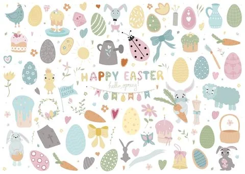 Happy Easter set. Easter bunny, butterflies, chick, eggs, branches and flow.. Stock Illustration