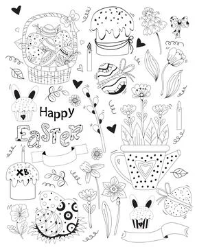 Happy Easter. Set of Easter doodles - basket with Easter eggs, Easter cakes, cup Illustrazione stock