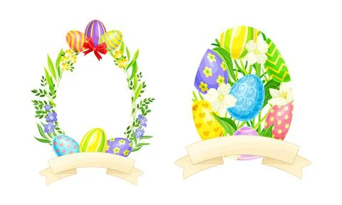 Happy Easter set. Easter greeting card element with festive colorful painted Stock Illustration