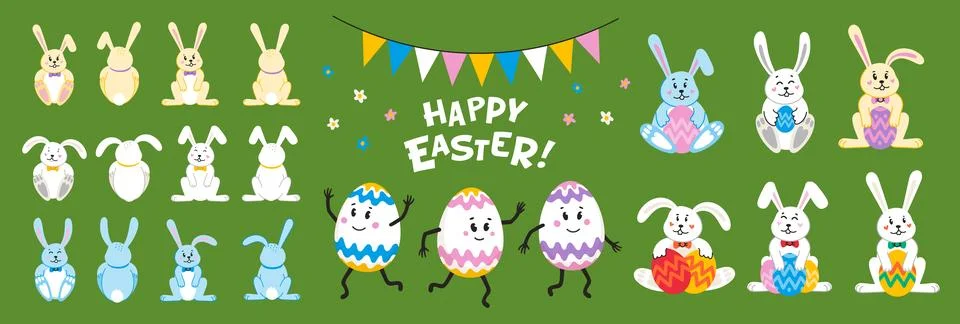 Happy Easter Set with eggs and bunnies Stock Illustration
