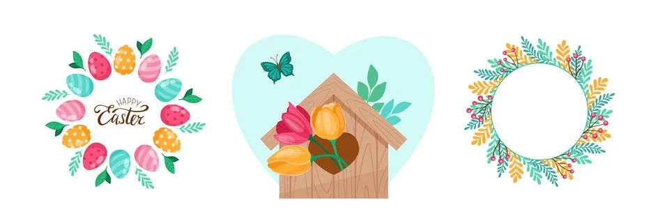 Happy Easter. Set of elements for decoration. Wreath with Colorful Easter Eggs 库存插图