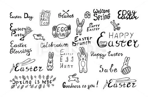 Happy Easter set with funny bunny and eggs. Stock Illustration