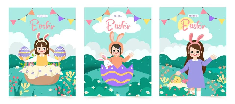Happy Easter Set of greeting cards, posters, holiday covers. Trendy design with Stock Illustration