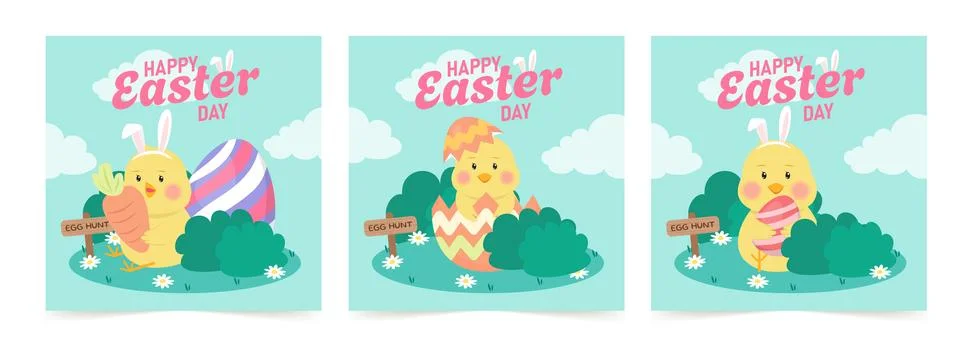 Happy Easter Set of greeting cards, posters, holiday covers. Trendy design with Stock Illustration