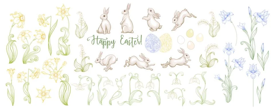 Happy Easter Set of hares, patterned eggs and spring flowers: Stock Illustration