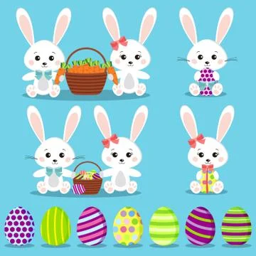 Happy Easter set isolated funny rabbits with colorful eggs. Stock Illustration