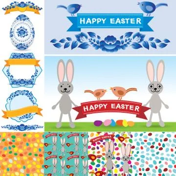 Happy Easter set. Rabbit, eggs, flowers, ribbons, seamless pattern. Collectio Stock Illustration
