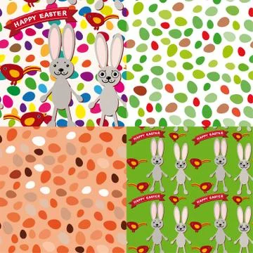 Happy Easter set of seamless pattern. Rabbit, eggs, bird, ribbon 스톡 일러스트