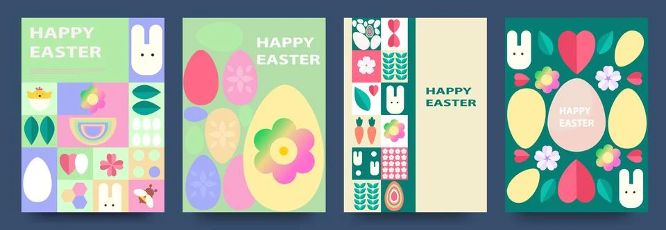 Happy easter. Set of spring geometric mosaic cards with rabbit, eggs and flowers Stock Illustration