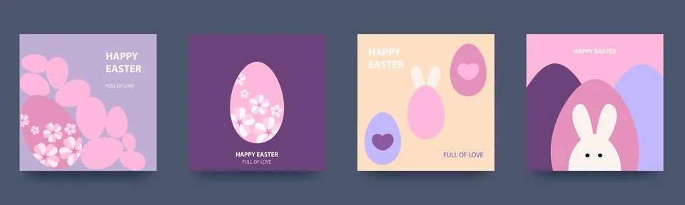 Happy Easter. Set of spring geometric cards with rabbit, eggs and flowers Stock Illustration
