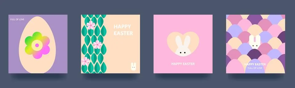 Happy easter. Set of spring holiday cards with rabbit, eggs and flowers Stock Illustration