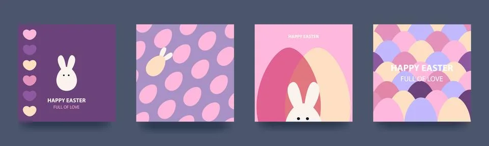 Happy easter. Set of spring holiday cards with rabbit, eggs and flowers Stock Illustration
