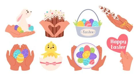 Happy Easter set. Сute Easter bunny sitting in arms Stock Illustration