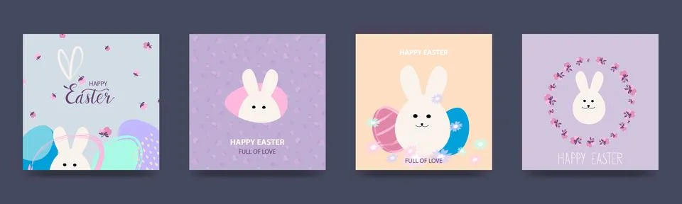Happy Easter Set of vector easter cards with easter colorful eggs, bunny 库存插图