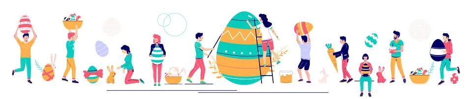 Happy Easter set, vector illustration. People decorating eggs, carrying Easter Stock Illustration