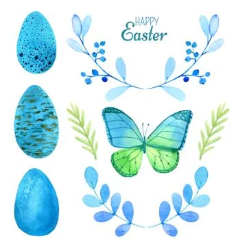Happy easter, set of watercolor elements, eggs, branches, butterfly 库存插图