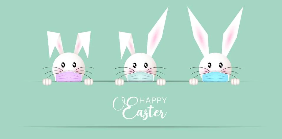 Happy Easter set white bunny rabbit Wear a protective colorful face mask Stock Illustration